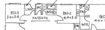 Portion of a plan showing a hand-drawn floor layout. Some rooms have dimensions marked. Walls are shown as single lines.