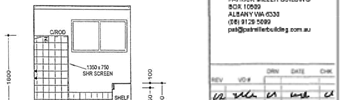 Portion of a plan showing an internal elevation of a tiled wall and shower screen, all with dimensions. Part of a completed title block is also visible.