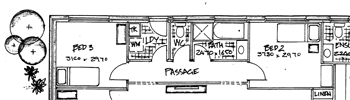 Portion of a plan showing a partly dimensioned floor plan. Fixtures and fittings are in place. Walls are shown as double or single lines.