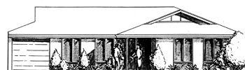 Portion of a plan showing front elevation including people and bushes.