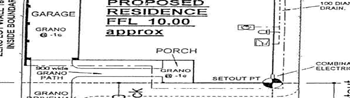 Portion of a plan showing part of a proposed residence, services and grano information. Includes floor levels, extent of sand pad and setbacks.