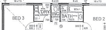 Portion of a plan showing a floor layout. All rooms have dimensions marked. Walls are shown as either double or single lines. Openings are dimensioned. Wet area layout/fittings are shown. Ridge line visible.