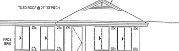 Portion of a plan showing part of a front elevation with brick course numbers, roof pitch and roof detail and window type and location.